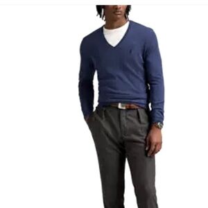 Polo sweater - navy with small chest logo 100% Pima cotton v-neck